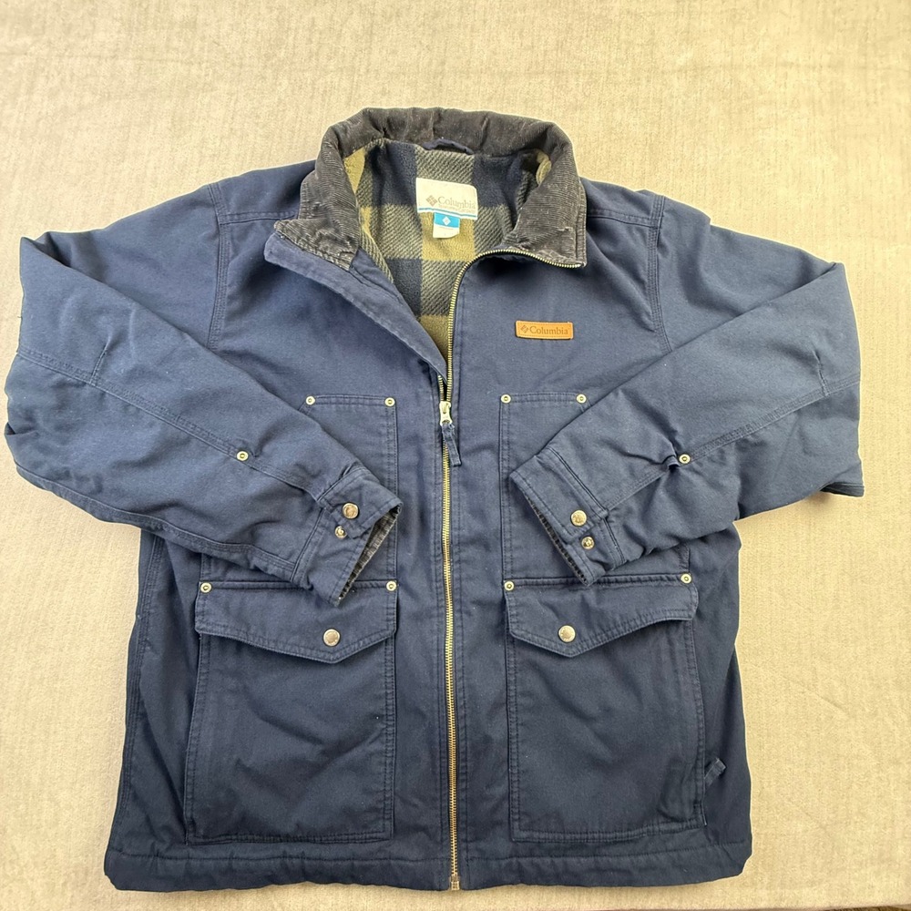 Columbia Mens Navy Blue Canvas Work Jacket Plaid‎ Fleece Lined XM5525 Large